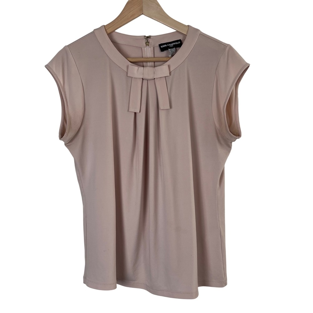 Karl Lagerfeld Paris Womens Blush Pink Bow Neck Pleated Cap Sleeve Blouse PL